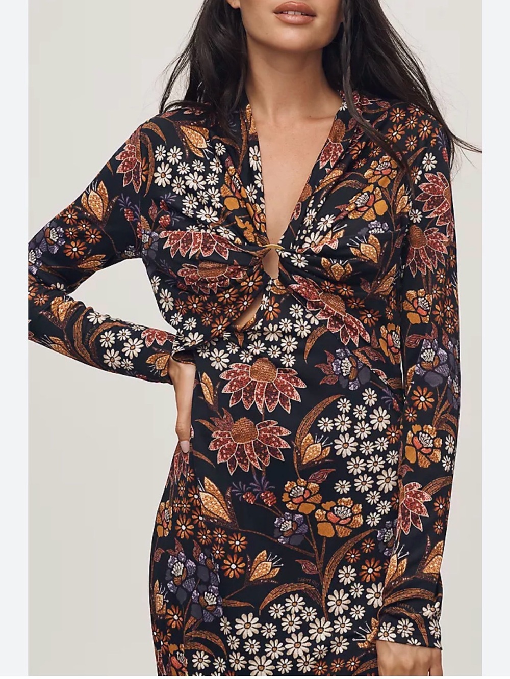 Farm Rio V neck Maxi dress black with brown florals viscous NWT size L - Picture 15 of 16